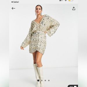 ASOS Design Embellished patchwork mini dress with waist detail in gold BNWT